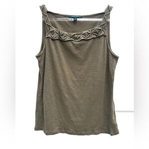 Lauren Ralph Lauren Crochet Top Women L Olive Green Khaki Sleeveless Cotton Tank